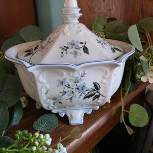 Koenigszell Porcelain Floral Dish with Lid and Handles, Glazed Finish- Vintage